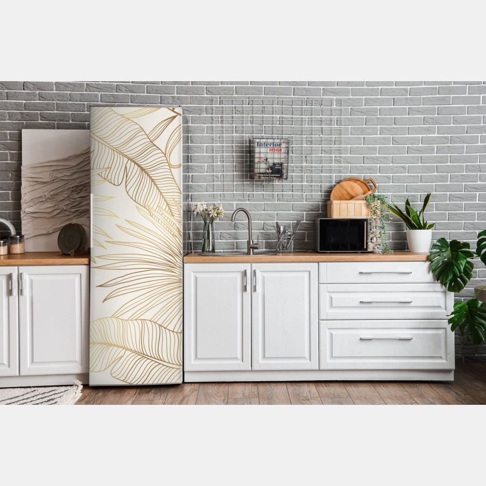 Naklejka na lodówkę złote tropikalne liście na beżowym tle – Wallissimo® Naklejka na lodówkę złote tropikalne liście na beżowym tle – Wallissimo®