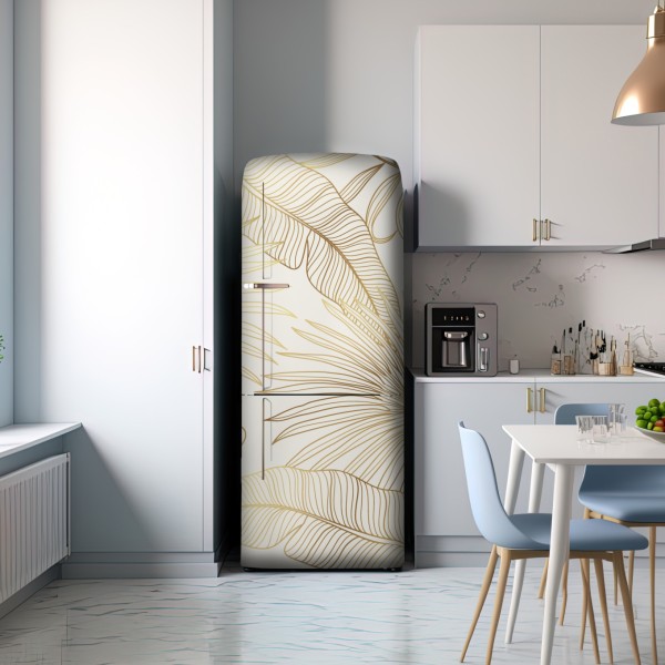 Naklejka na lodówkę złote tropikalne liście na beżowym tle – Wallissimo® Naklejka na lodówkę złote tropikalne liście na beżowym tle – Wallissimo®