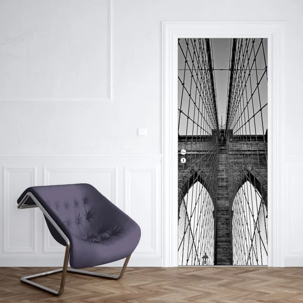 Naklejka na drzwi zimowy las brzozowy ze złotym świtem – Wallissimo®