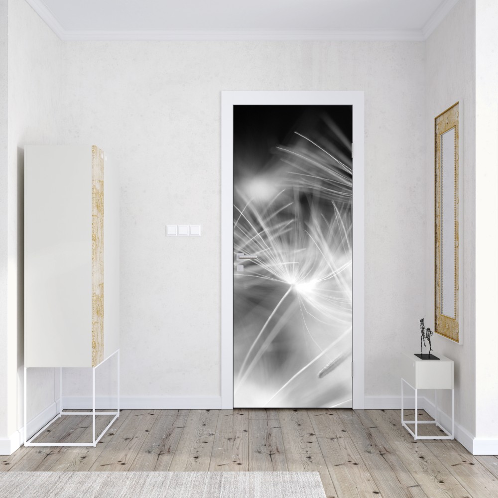Naklejka na drzwi delikatne nasiona dmuchawca czarno-białe – Wallissimo® Naklejka na drzwi delikatne nasiona dmuchawca czarno-białe – Wallissimo®