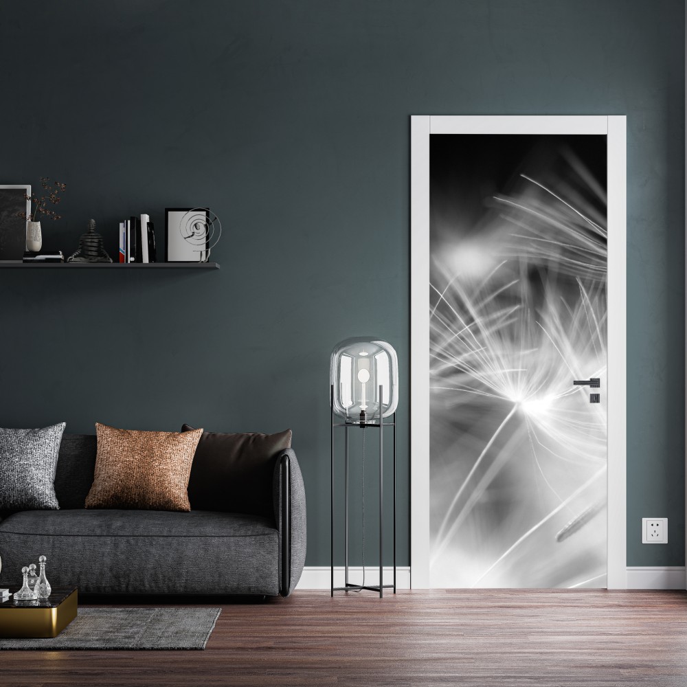 Naklejka na drzwi delikatne nasiona dmuchawca czarno-białe – Wallissimo® Naklejka na drzwi delikatne nasiona dmuchawca czarno-białe – Wallissimo®