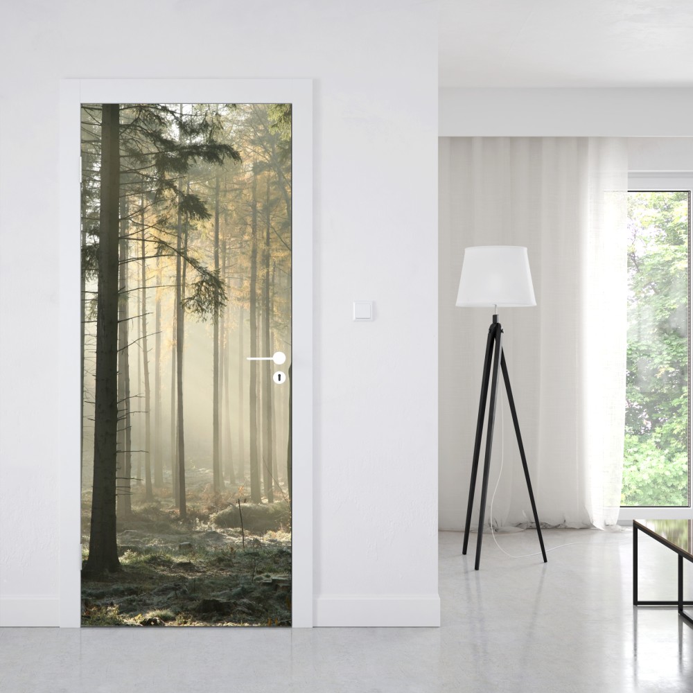 Naklejka na drzwi mglisty poranek w lesie z promieniami słońca – Wallissimo® Naklejka na drzwi mglisty poranek w lesie z promieniami słońca – Wallissimo®