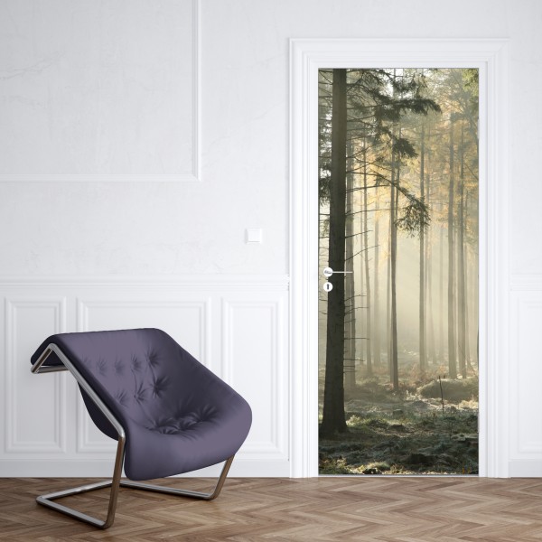 Naklejka na drzwi mglisty poranek w lesie z promieniami słońca – Wallissimo® Naklejka na drzwi mglisty poranek w lesie z promieniami słońca – Wallissimo®