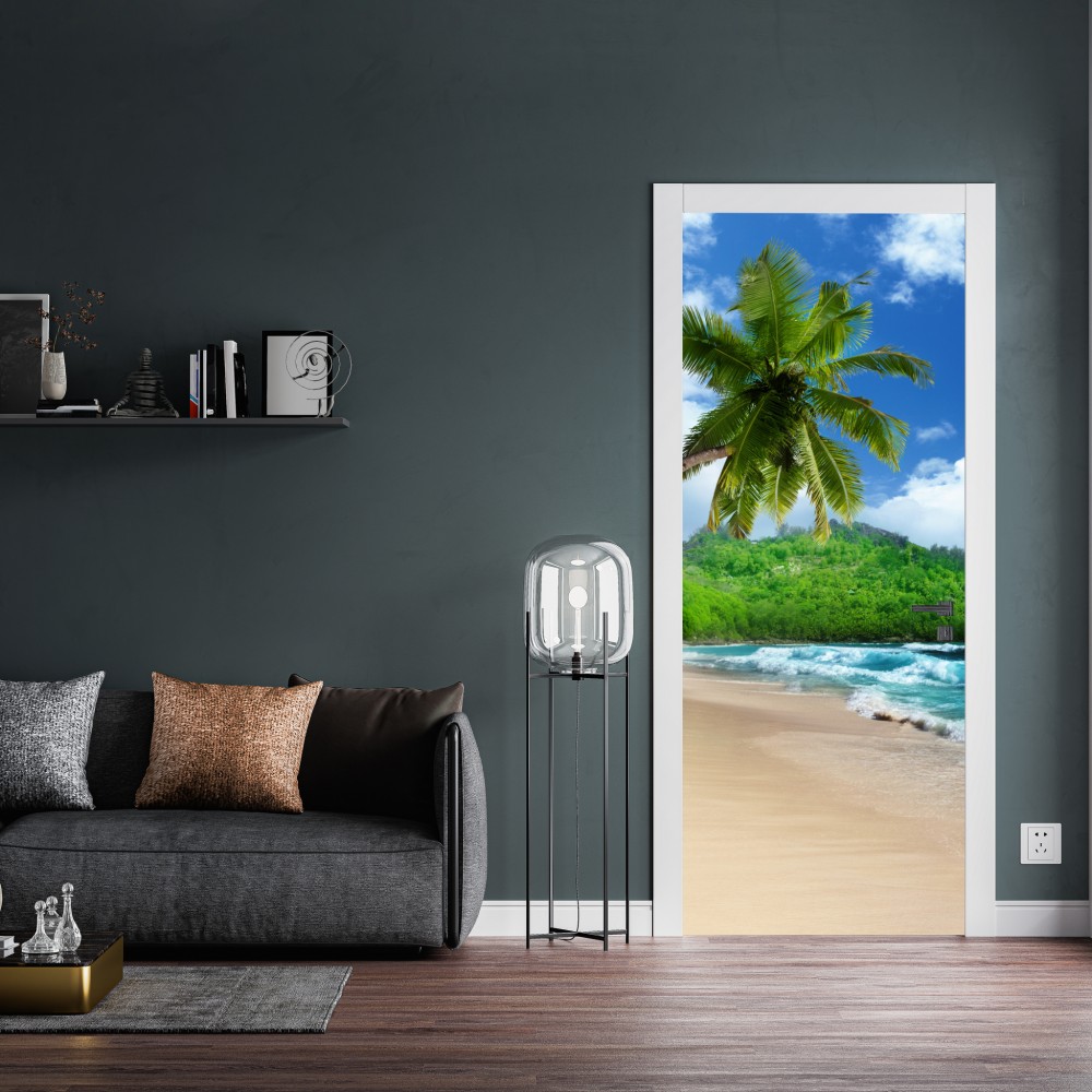 Naklejka na drzwi spokojna tropikalna plaża na Mahe, Seszele – Wallissimo® Naklejka na drzwi spokojna tropikalna plaża na Mahe, Seszele – Wallissimo®
