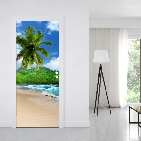 Naklejka na drzwi spokojna tropikalna plaża na Mahe, Seszele – Wallissimo® Naklejka na drzwi spokojna tropikalna plaża na Mahe, Seszele – Wallissimo®