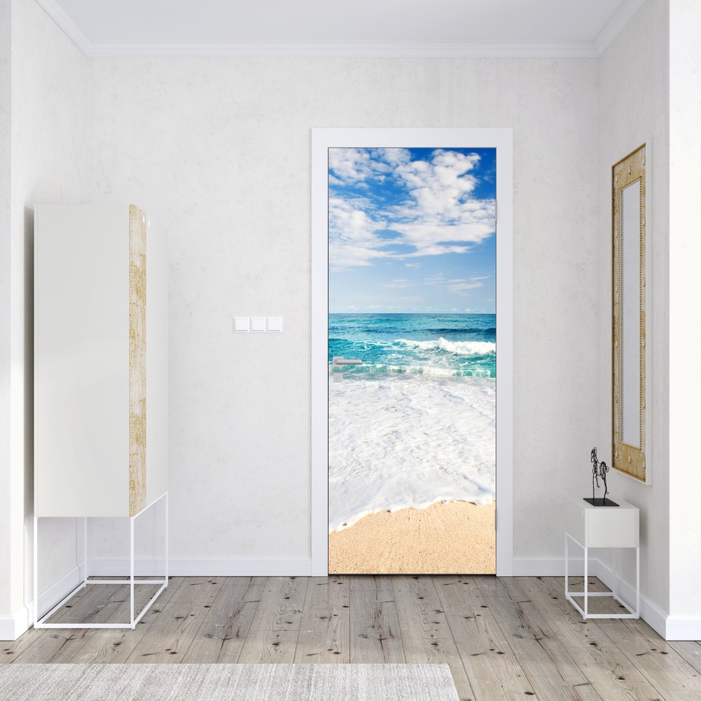 Naklejka na drzwi turkusowe fale na piaszczystej plaży – Wallissimo® Naklejka na drzwi turkusowe fale na piaszczystej plaży – Wallissimo®