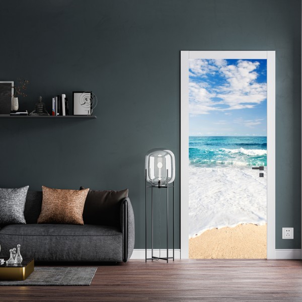 Naklejka na drzwi turkusowe fale na piaszczystej plaży – Wallissimo® Naklejka na drzwi turkusowe fale na piaszczystej plaży – Wallissimo®