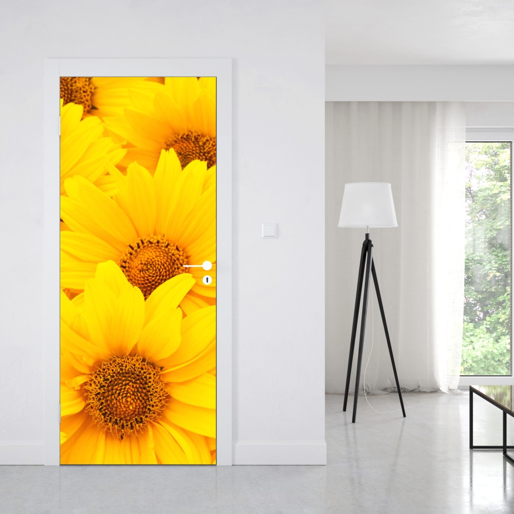 Naklejka na drzwi intensywne żółte słoneczniki w zbliżeniu – Wallissimo® Naklejka na drzwi intensywne żółte słoneczniki w zbliżeniu – Wallissimo®