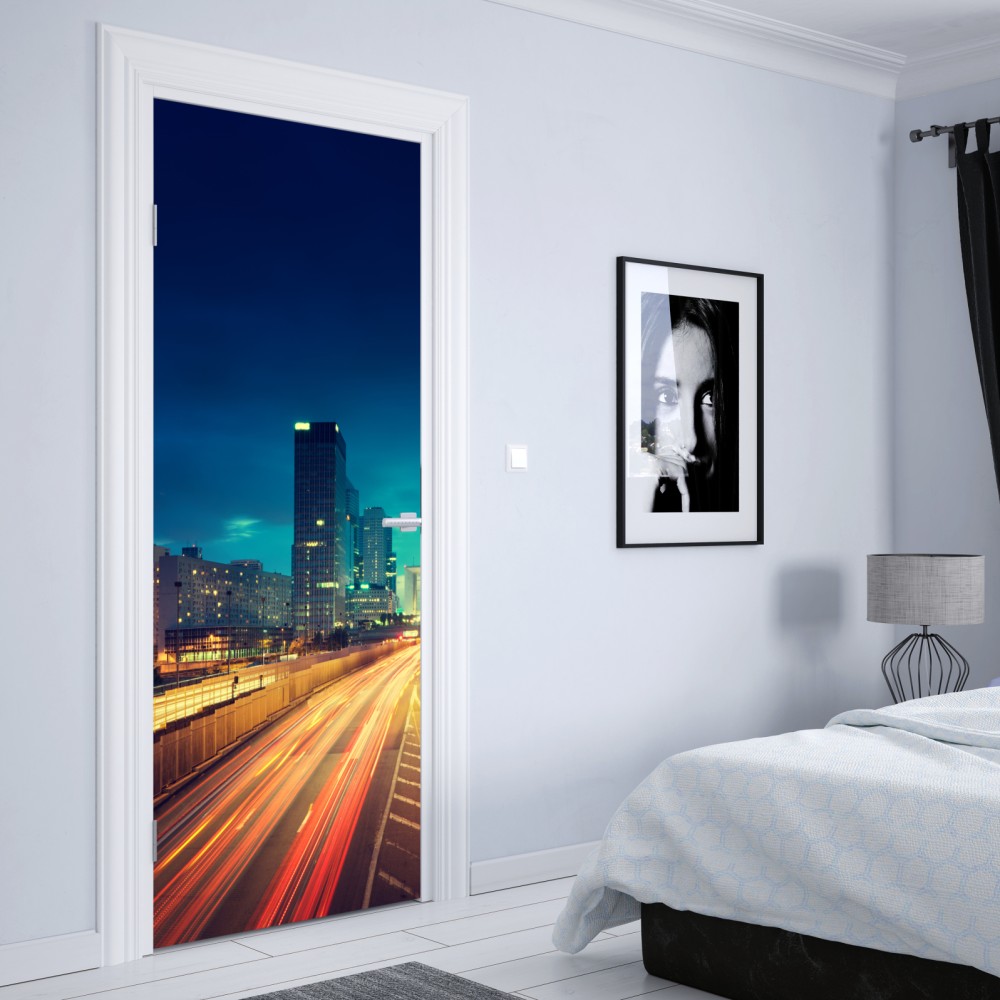 Naklejka na drzwi La Défense panorama miasta o zmierzchu – Wallissimo® Naklejka na drzwi La Défense panorama miasta o zmierzchu – Wallissimo®