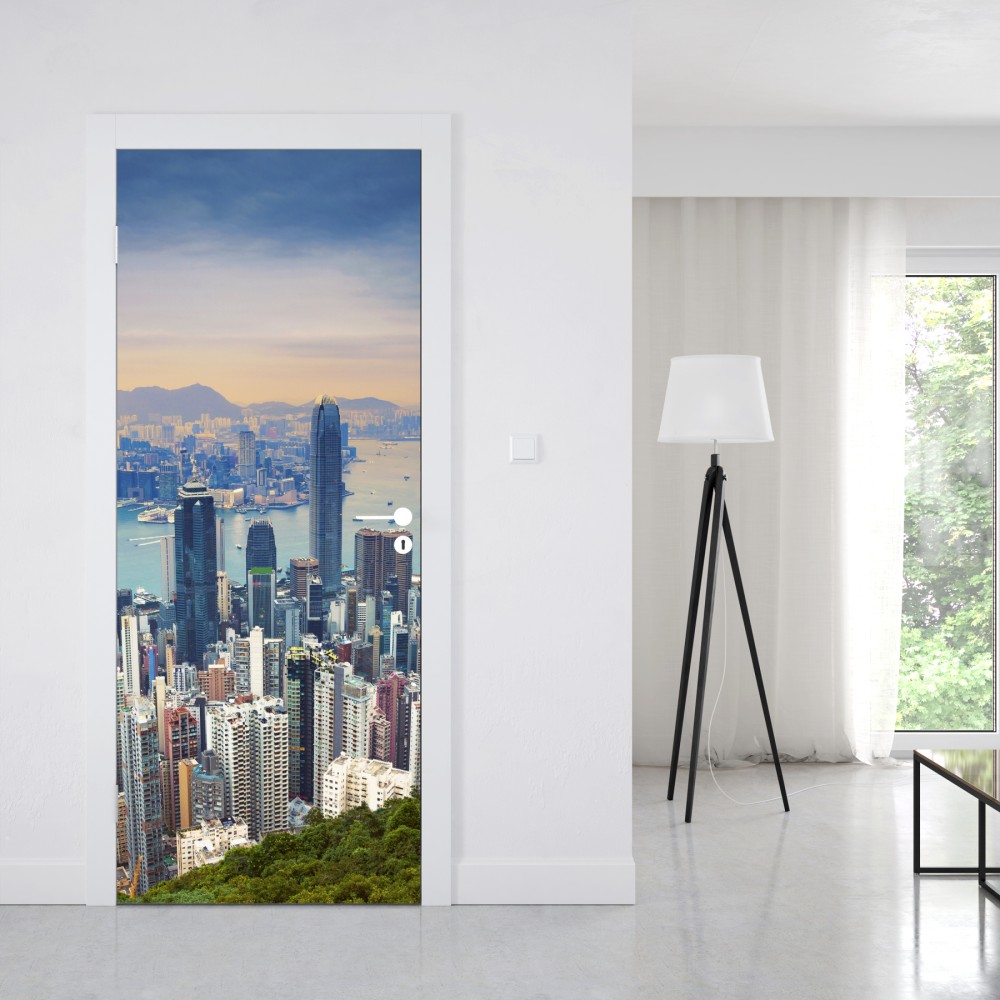 Naklejka na drzwi Hong Kong panorama miasta o zmierzchu – Wallissimo® Naklejka na drzwi Hong Kong panorama miasta o zmierzchu – Wallissimo®