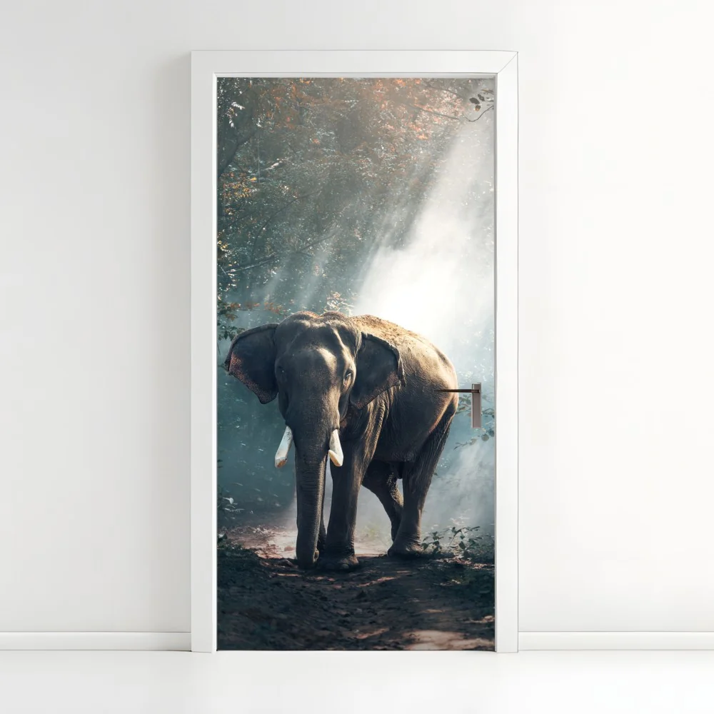 Naklejka na drzwi majestatyczny słoń w oświetlonym lesie – Wallissimo® Naklejka na drzwi majestatyczny słoń w oświetlonym lesie – Wallissimo®