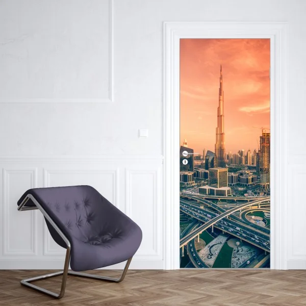 Naklejka na drzwi panorama Dubaju o zachodzie słońca – Wallissimo® Naklejka na drzwi panorama Dubaju o zachodzie słońca – Wallissimo®