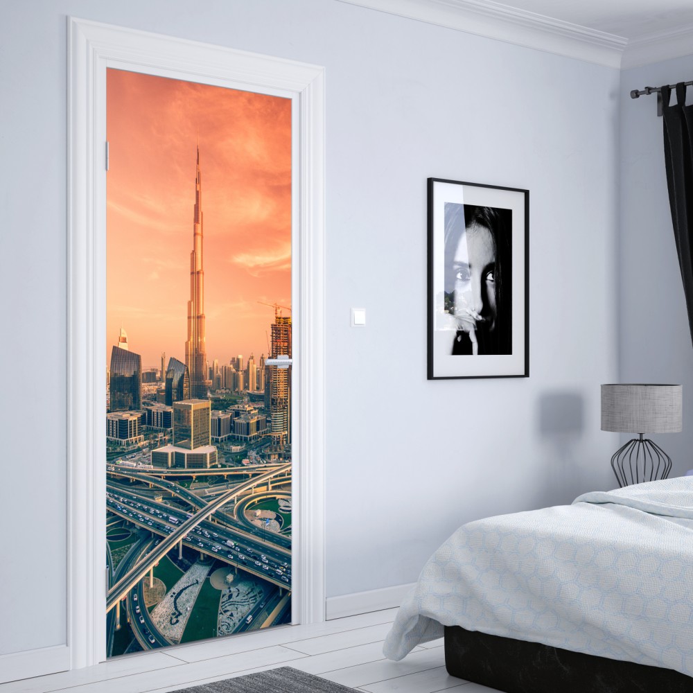 Naklejka na drzwi panorama Dubaju o zachodzie słońca – Wallissimo® Naklejka na drzwi panorama Dubaju o zachodzie słońca – Wallissimo®