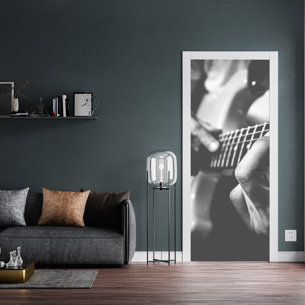 Naklejka na drzwi monochromatyczne zbliżenie gitary – Wallissimo® Naklejka na drzwi monochromatyczne zbliżenie gitary – Wallissimo®