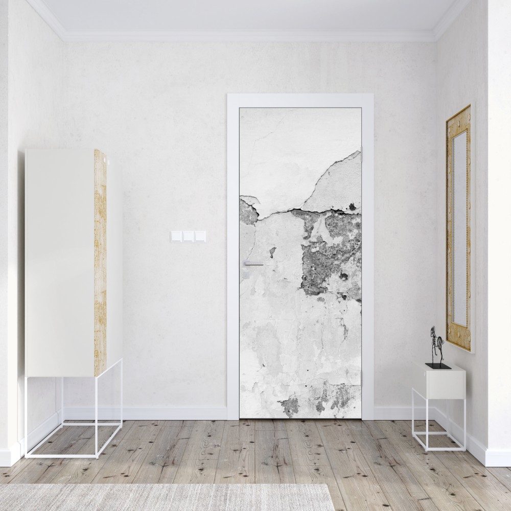 Naklejka na drzwi postarzony tynk na ścianie w odcieniach szarości – Wallissimo® Naklejka na drzwi postarzony tynk na ścianie w odcieniach szarości – Wallissimo®