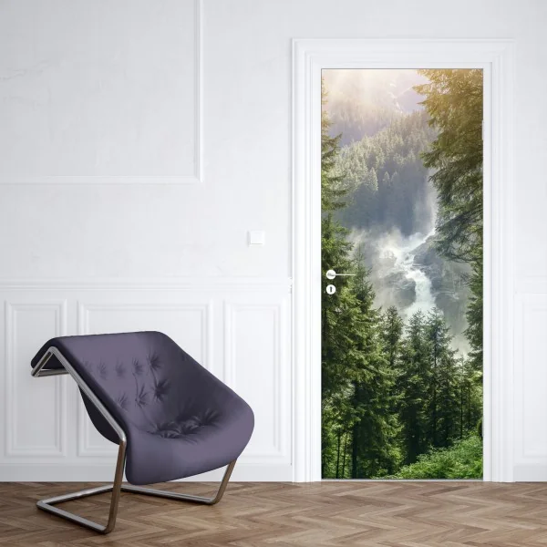 Naklejka na drzwi tropikalny wzór palm w kolorze koralowym i granatowym – Wallissimo®