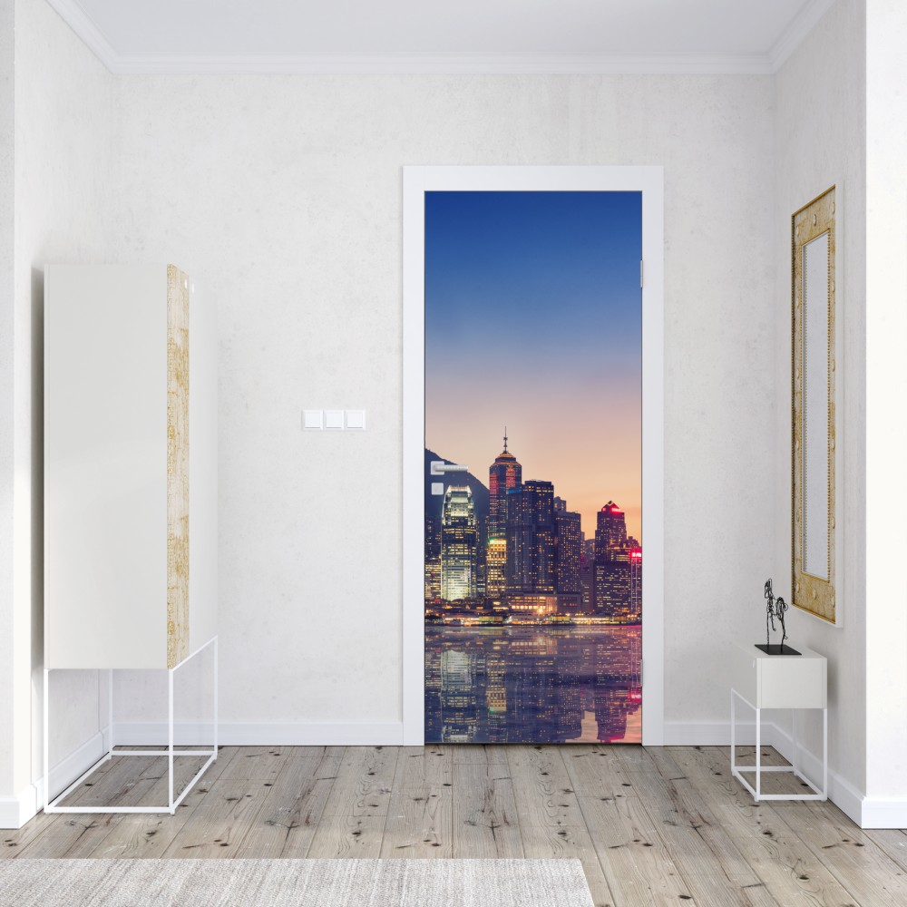 Naklejka na drzwi Hongkong panorama miasta o zmierzchu – Wallissimo® Naklejka na drzwi Hongkong panorama miasta o zmierzchu – Wallissimo®
