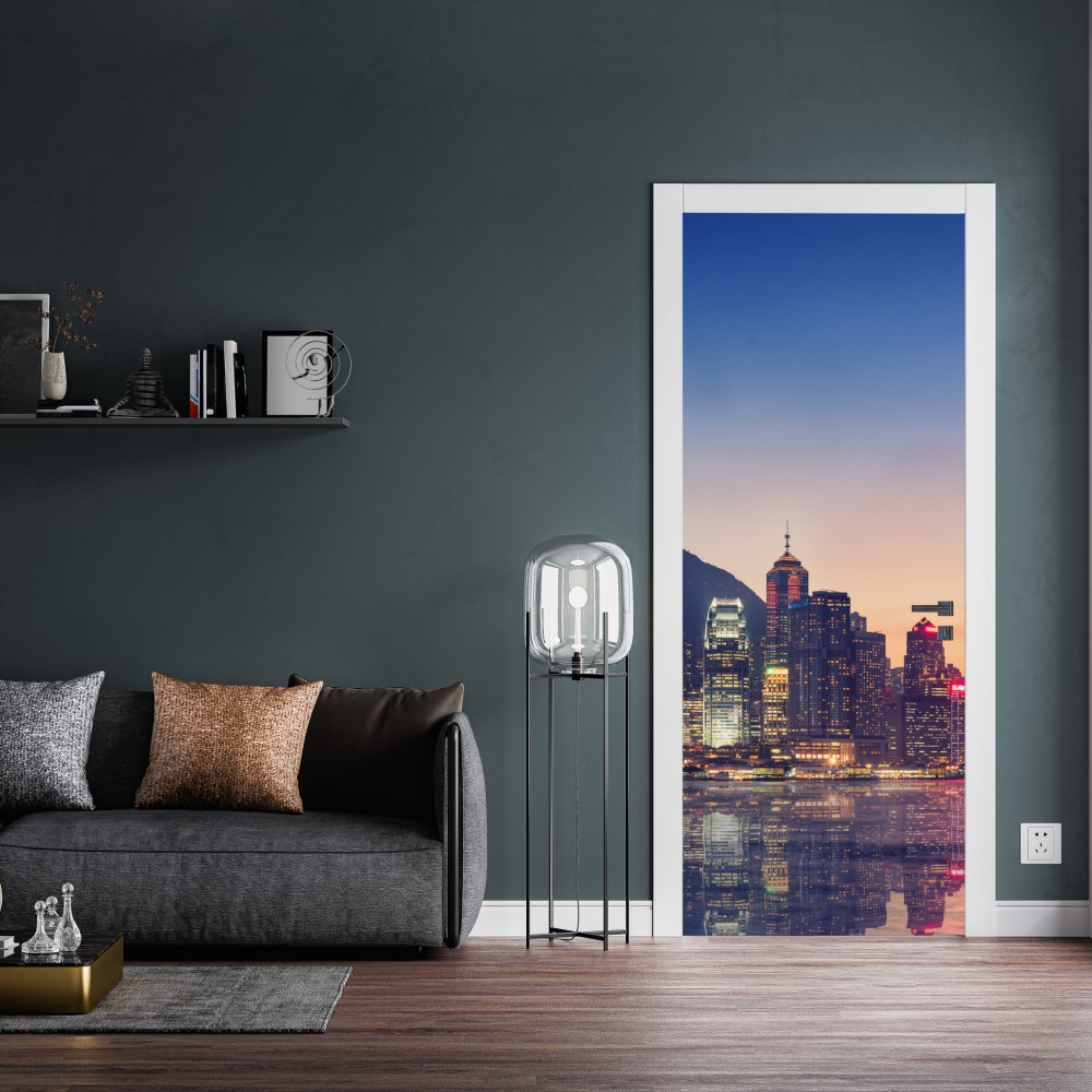 Naklejka na drzwi Hongkong panorama miasta o zmierzchu – Wallissimo® Naklejka na drzwi Hongkong panorama miasta o zmierzchu – Wallissimo®