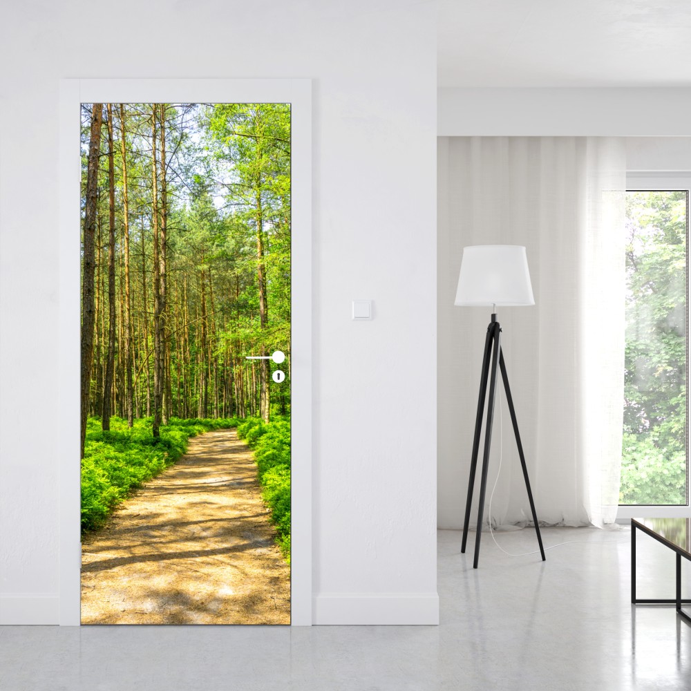 Naklejka na drzwi słoneczna leśna ścieżka wśród sosen – Wallissimo® Naklejka na drzwi słoneczna leśna ścieżka wśród sosen – Wallissimo®
