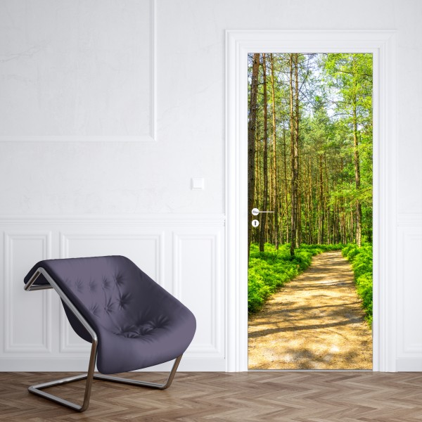 Naklejka na drzwi słoneczna leśna ścieżka wśród sosen – Wallissimo® Naklejka na drzwi słoneczna leśna ścieżka wśród sosen – Wallissimo®