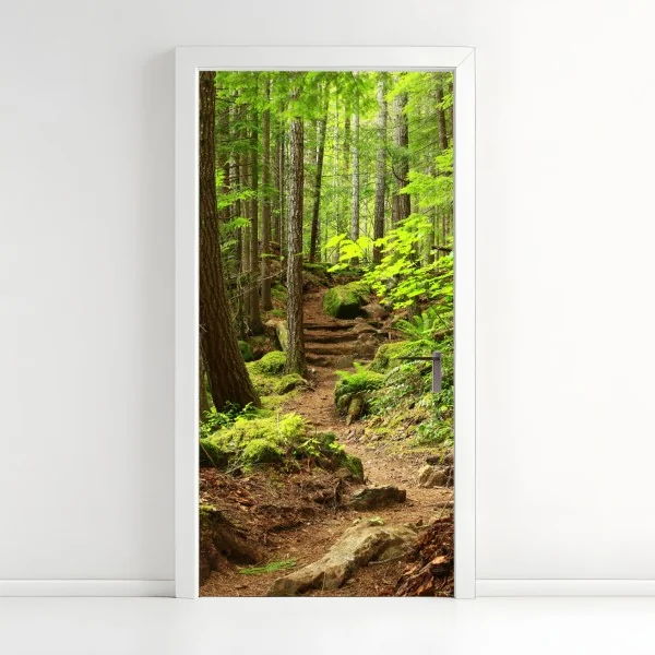 Naklejka na drzwi zimowy las brzozowy ze złotym świtem – Wallissimo®