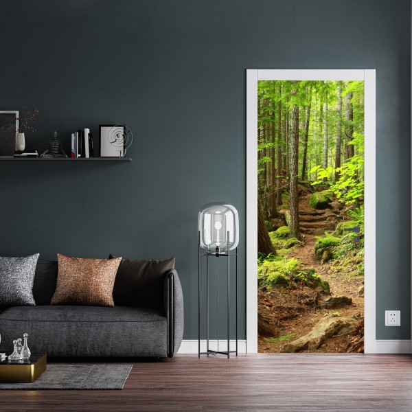 Naklejka na drzwi zimowy las brzozowy ze złotym świtem – Wallissimo®