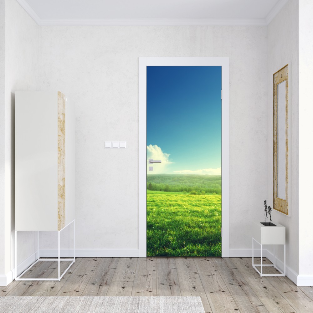 Naklejka na drzwi słoneczna wiosenna łąka o zachodzie słońca – Wallissimo® Naklejka na drzwi słoneczna wiosenna łąka o zachodzie słońca – Wallissimo®