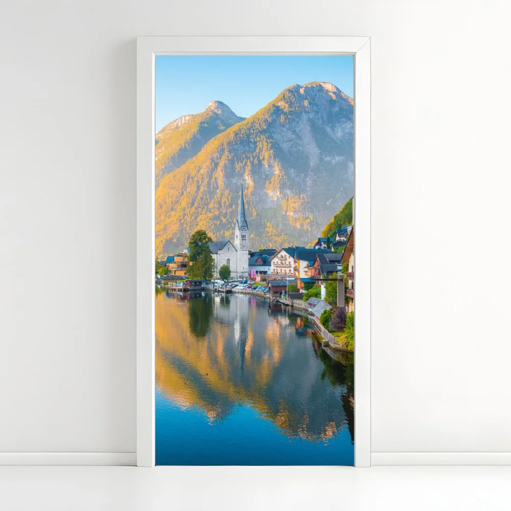 Naklejka na drzwi poranny blask Hallstatt nad jeziorem – Wallissimo® Naklejka na drzwi poranny blask Hallstatt nad jeziorem – Wallissimo®