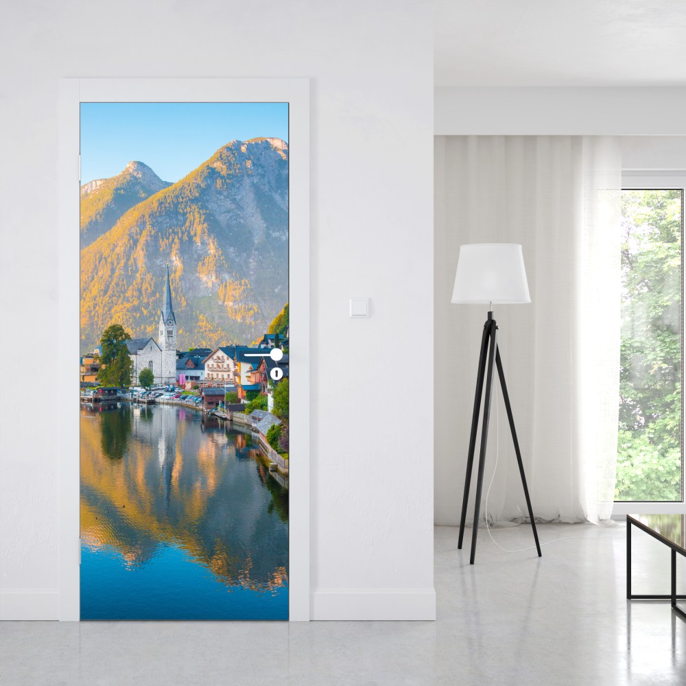Naklejka na drzwi poranny blask Hallstatt nad jeziorem – Wallissimo® Naklejka na drzwi poranny blask Hallstatt nad jeziorem – Wallissimo®