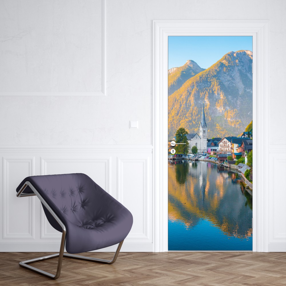 Naklejka na drzwi poranny blask Hallstatt nad jeziorem – Wallissimo® Naklejka na drzwi poranny blask Hallstatt nad jeziorem – Wallissimo®