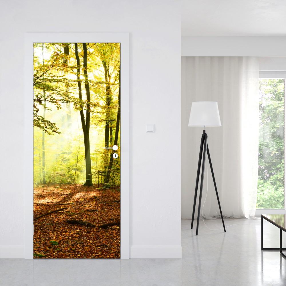 Naklejka na drzwi złoty jesienny las o poranku – Wallissimo® Naklejka na drzwi złoty jesienny las o poranku – Wallissimo®