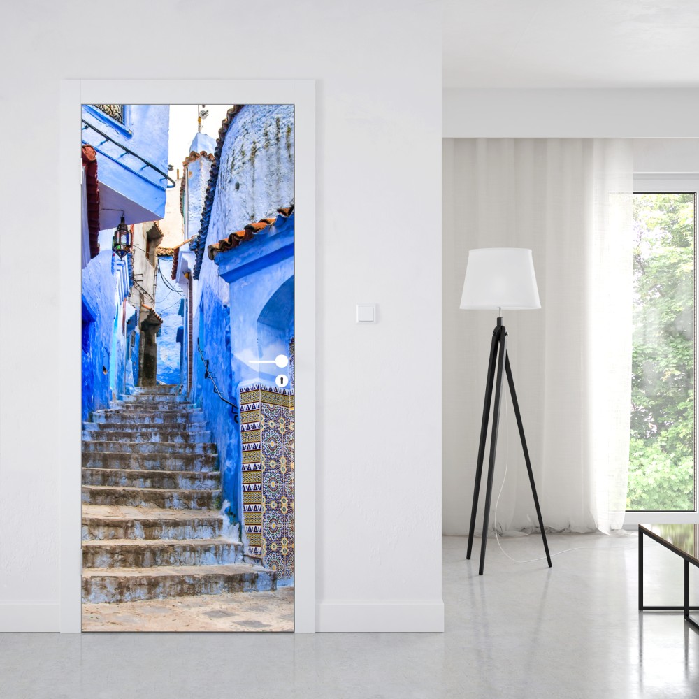 Naklejka na drzwi niebieska uliczka w Chefchaouen, Maroko – Wallissimo® Naklejka na drzwi niebieska uliczka w Chefchaouen, Maroko – Wallissimo®