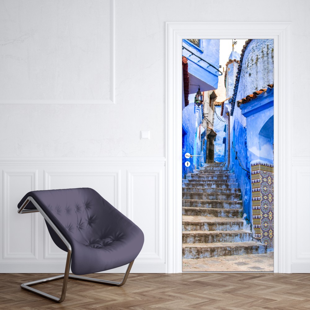 Naklejka na drzwi niebieska uliczka w Chefchaouen, Maroko – Wallissimo® Naklejka na drzwi niebieska uliczka w Chefchaouen, Maroko – Wallissimo®