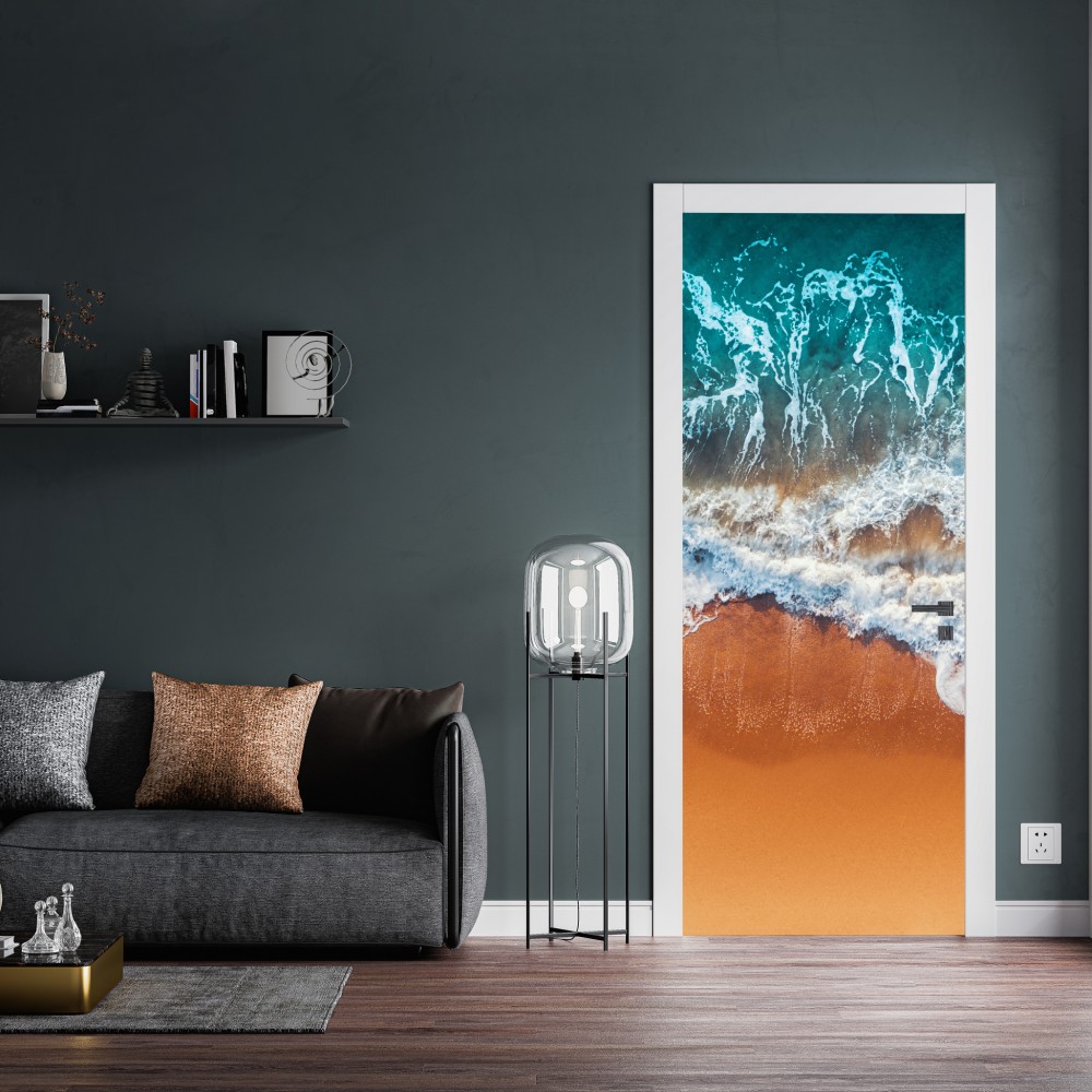 Naklejka na drzwi lotnicze ujęcie turkusowych fal na piaszczystej plaży – Wallissimo® Naklejka na drzwi lotnicze ujęcie turkusowych fal na piaszczystej plaży – Wallissimo®
