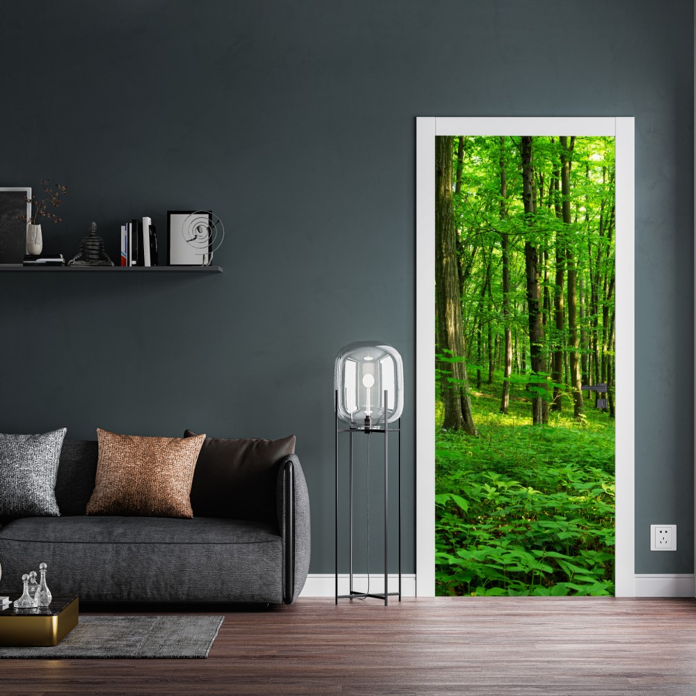 Naklejka na drzwi słoneczny zielony las wiosną – Wallissimo® Naklejka na drzwi słoneczny zielony las wiosną – Wallissimo®