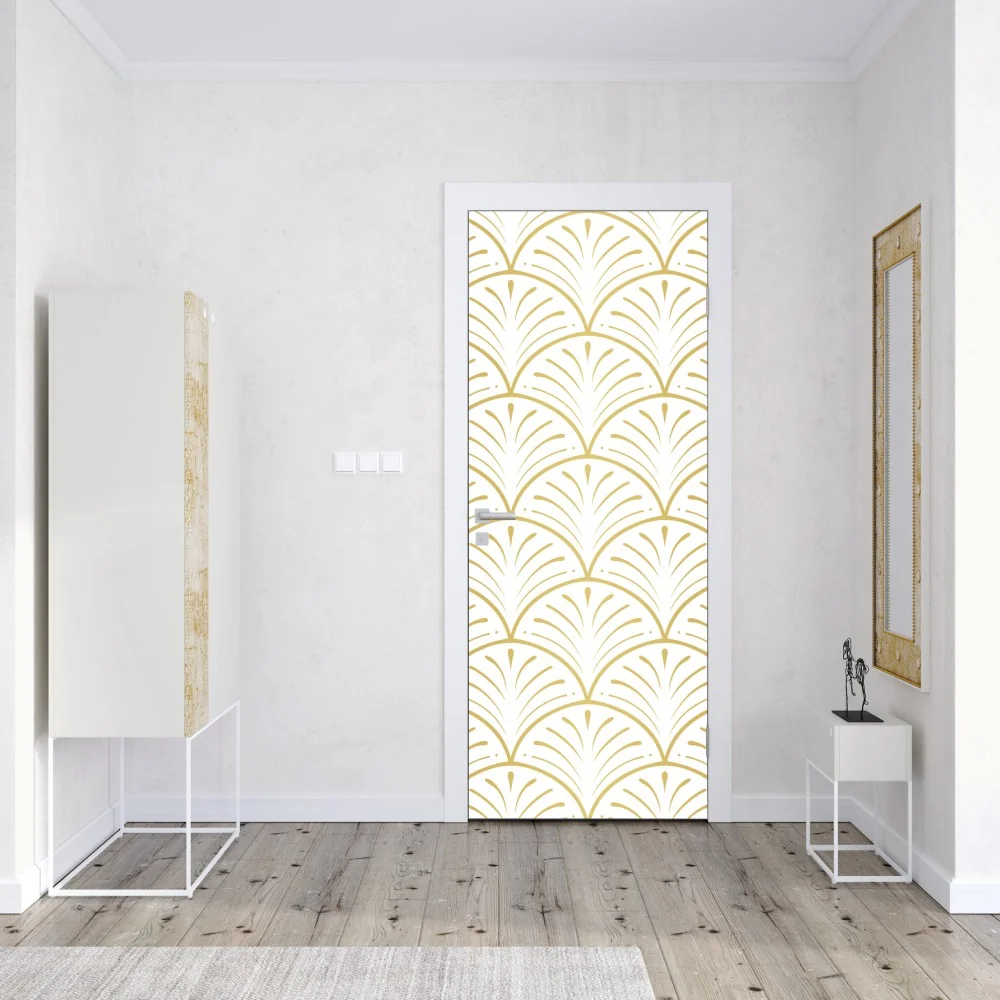 Naklejka na drzwi złoty wzór art deco w stylu wachlarza – Wallissimo® Naklejka na drzwi złoty wzór art deco w stylu wachlarza – Wallissimo®