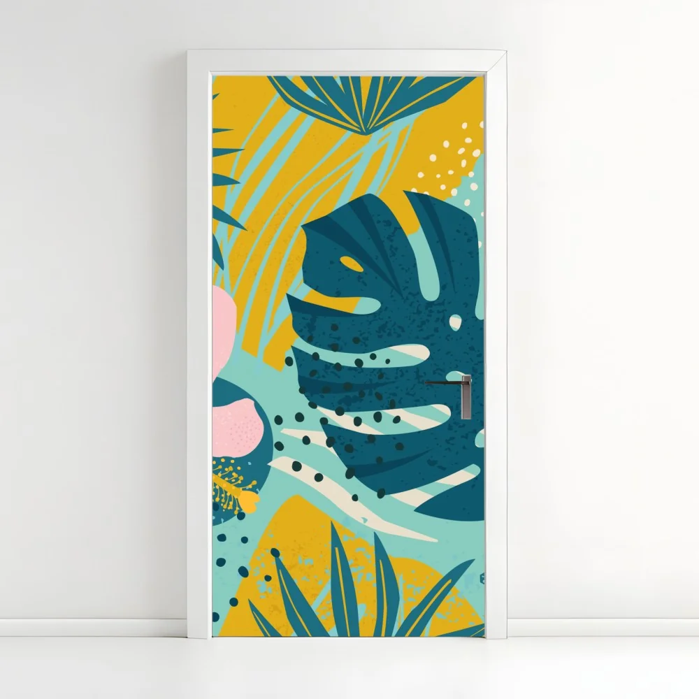 Naklejka na drzwi tropikalne liście i kwiaty – Wallissimo® Naklejka na drzwi tropikalne liście i kwiaty – Wallissimo®