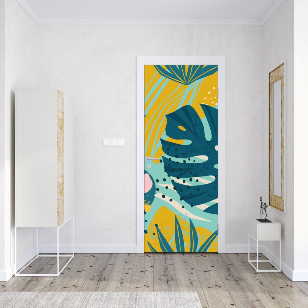 Naklejka na drzwi tropikalne liście i kwiaty – Wallissimo® Naklejka na drzwi tropikalne liście i kwiaty – Wallissimo®