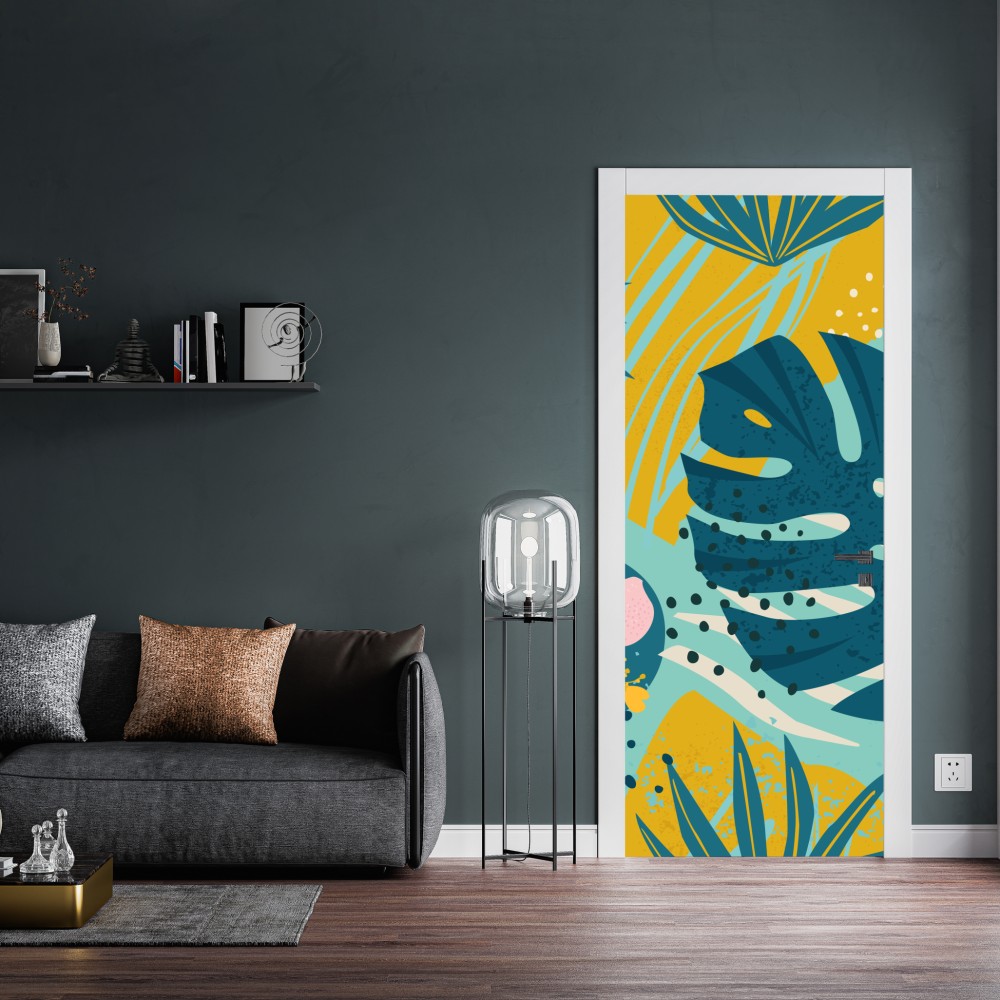 Naklejka na drzwi tropikalne liście i kwiaty – Wallissimo® Naklejka na drzwi tropikalne liście i kwiaty – Wallissimo®