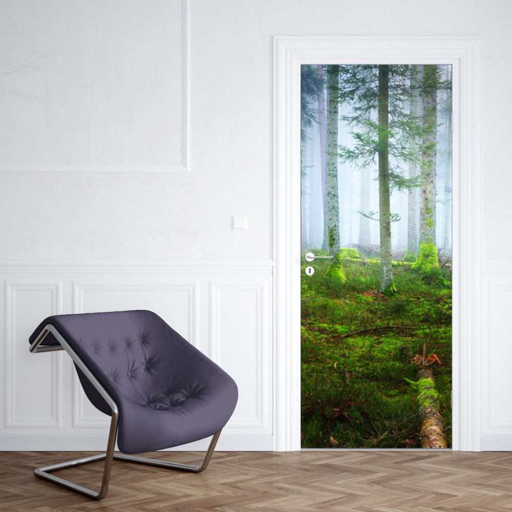Naklejka na drzwi mglisty las sosnowy z Alzacji – Wallissimo® Naklejka na drzwi mglisty las sosnowy z Alzacji – Wallissimo®