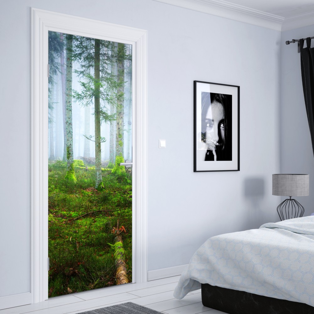 Naklejka na drzwi mglisty las sosnowy z Alzacji – Wallissimo® Naklejka na drzwi mglisty las sosnowy z Alzacji – Wallissimo®