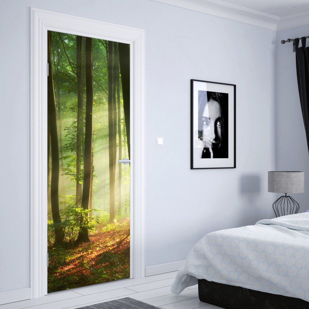 Naklejka na drzwi poranny las skąpany w słońcu – Wallissimo® Naklejka na drzwi poranny las skąpany w słońcu – Wallissimo®