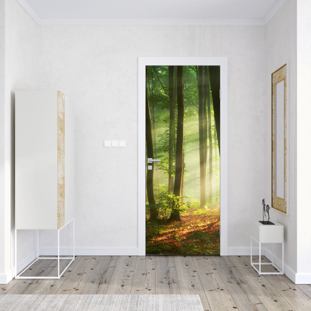Naklejka na drzwi poranny las skąpany w słońcu – Wallissimo® Naklejka na drzwi poranny las skąpany w słońcu – Wallissimo®
