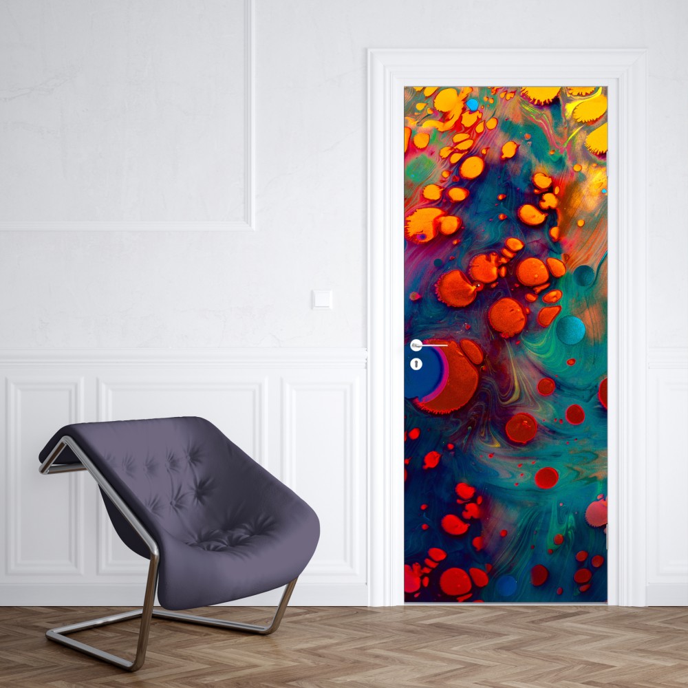 Naklejka na drzwi żywe turkusowo-pomarańczowe marmurkowe dzieło – Wallissimo® Naklejka na drzwi żywe turkusowo-pomarańczowe marmurkowe dzieło – Wallissimo®