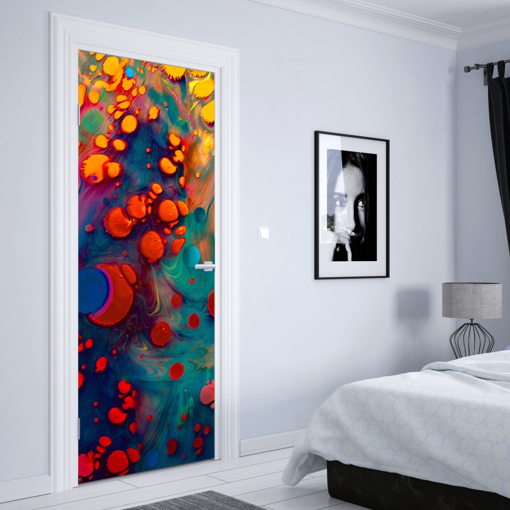 Naklejka na drzwi żywe turkusowo-pomarańczowe marmurkowe dzieło – Wallissimo® Naklejka na drzwi żywe turkusowo-pomarańczowe marmurkowe dzieło – Wallissimo®