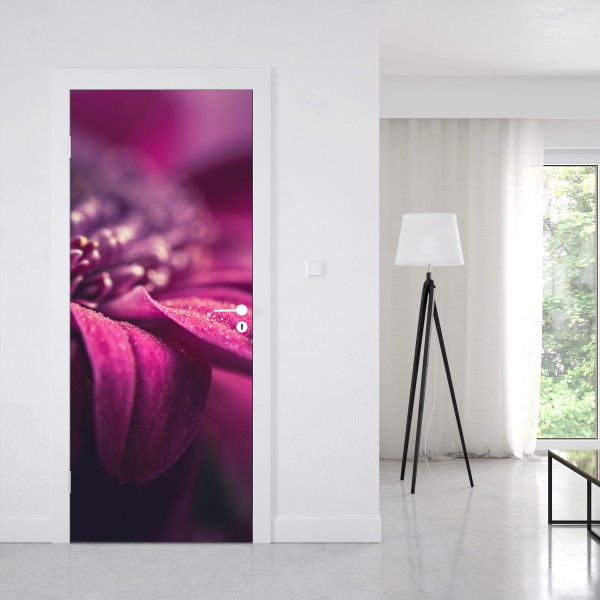 Naklejka na drzwi fioletowy makro kwiat z kroplą rosy – Wallissimo® Naklejka na drzwi fioletowy makro kwiat z kroplą rosy – Wallissimo®