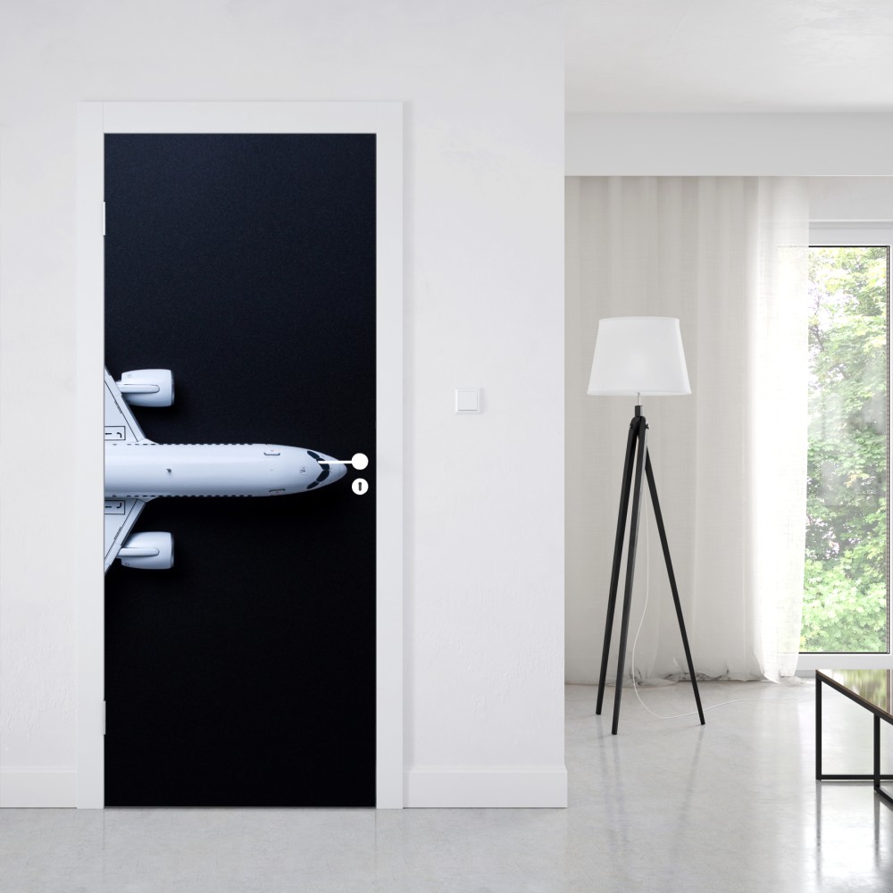 Naklejka na drzwi biały samolot widok z góry na czarnym tle – Wallissimo® Naklejka na drzwi biały samolot widok z góry na czarnym tle – Wallissimo®