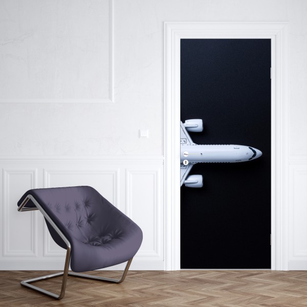 Naklejka na drzwi biały samolot widok z góry na czarnym tle – Wallissimo® Naklejka na drzwi biały samolot widok z góry na czarnym tle – Wallissimo®