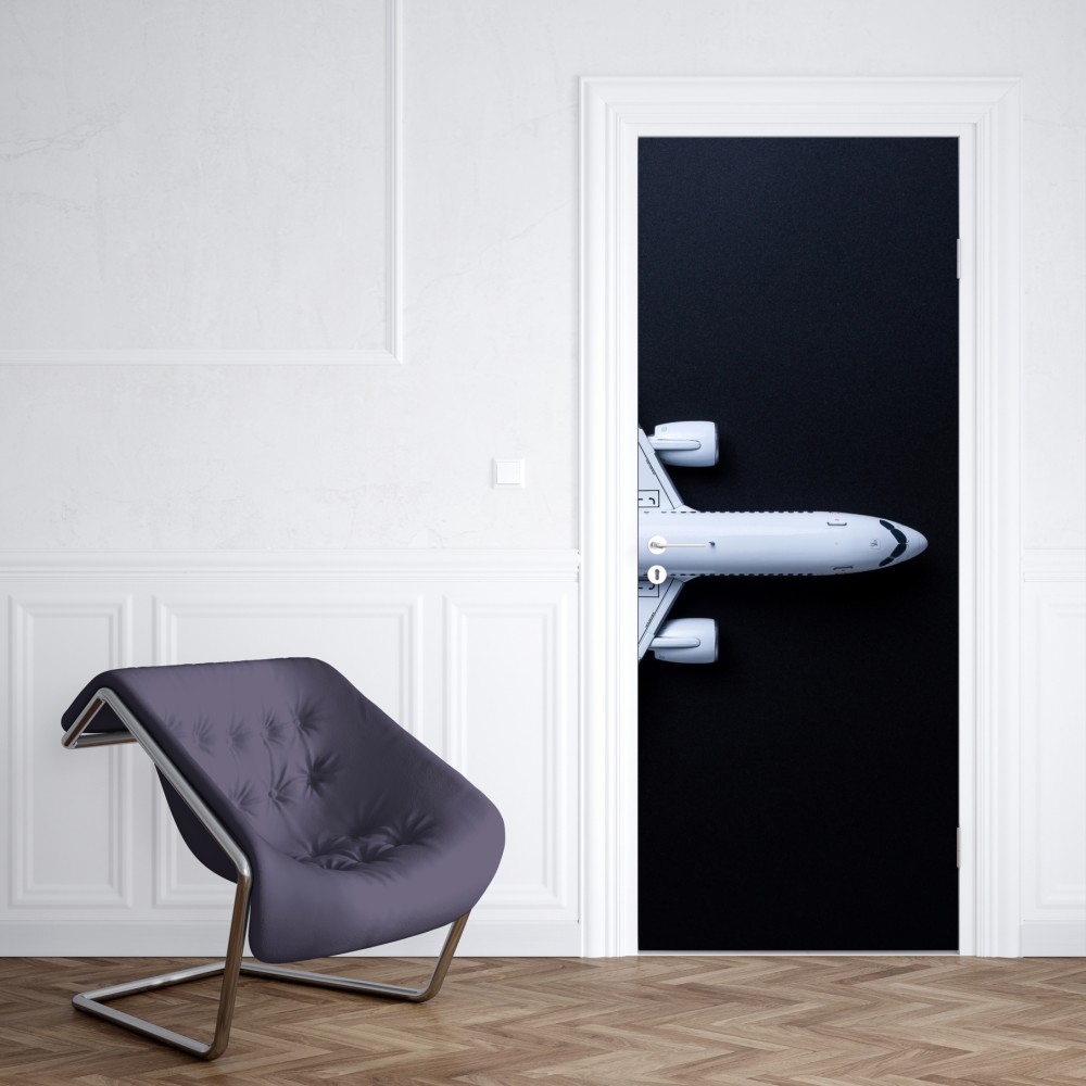 Naklejka na drzwi biały samolot widok z góry na czarnym tle – Wallissimo® Naklejka na drzwi biały samolot widok z góry na czarnym tle – Wallissimo®