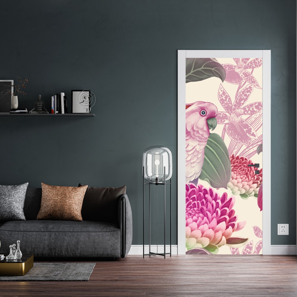 Naklejka na drzwi różowa papuga i chryzantema - botaniczny motyw – Wallissimo® Naklejka na drzwi różowa papuga i chryzantema - botaniczny motyw – Wallissimo®